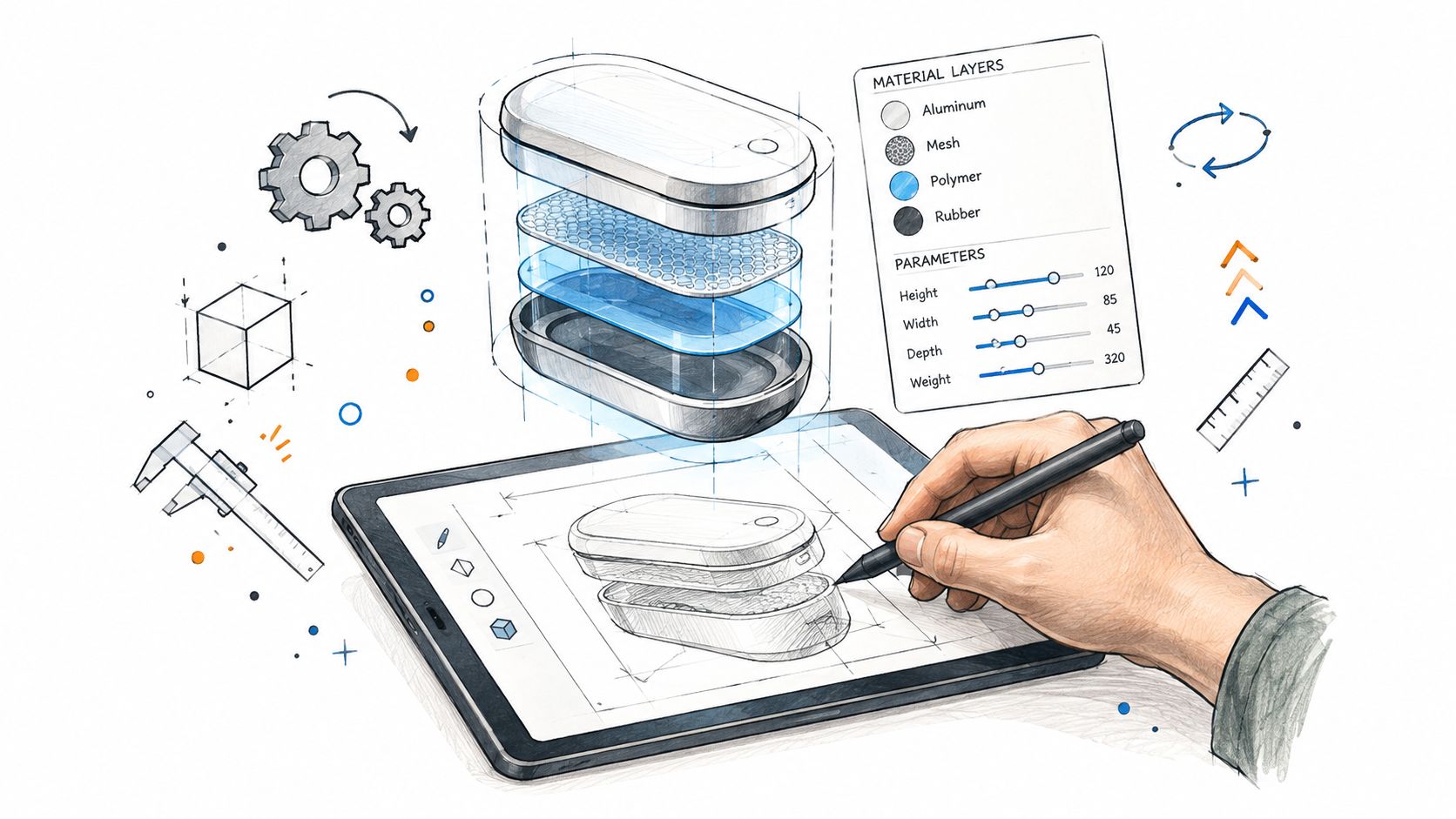 A digital artist uses a stylus on a tablet to design a layered 3D industrial product concept.