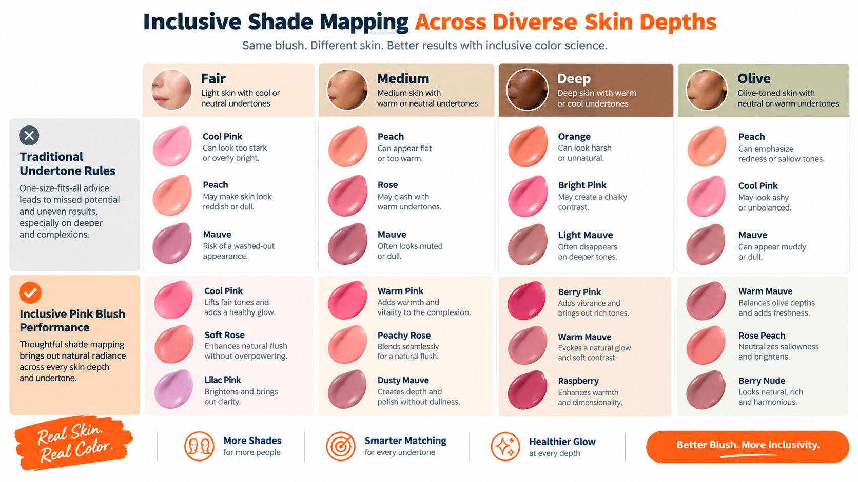An inclusive shade mapping chart showing pink blush color recommendations tailored for diverse skin depths and undertones.