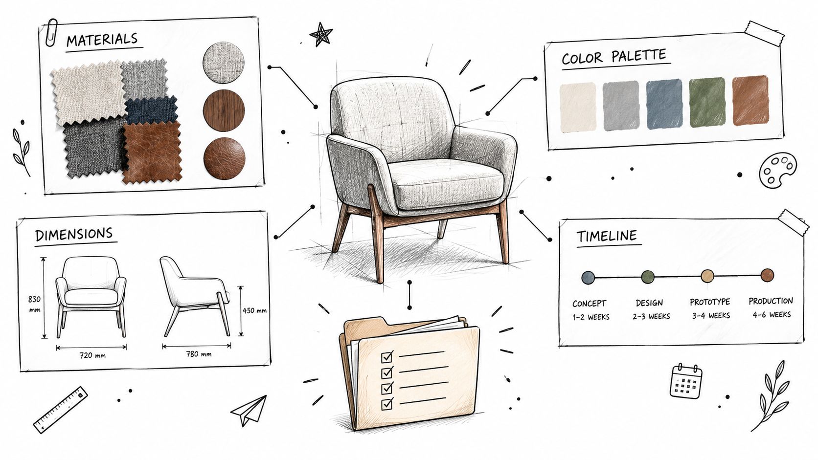 A product concept design sketch for an armchair featuring materials, dimensions, a color palette, and timeline.