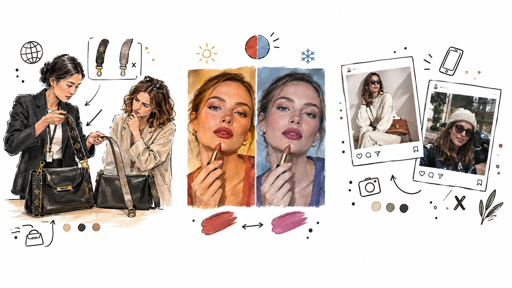 A digital illustration showing fashion choices, lipstick shades, and social media photos emphasizing brand consistency strategies.