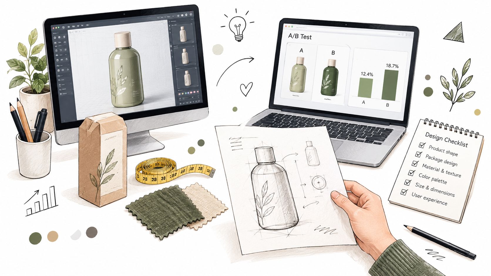 A professional desk setup featuring computer screens, design sketches, and a checklist for product packaging concept development.