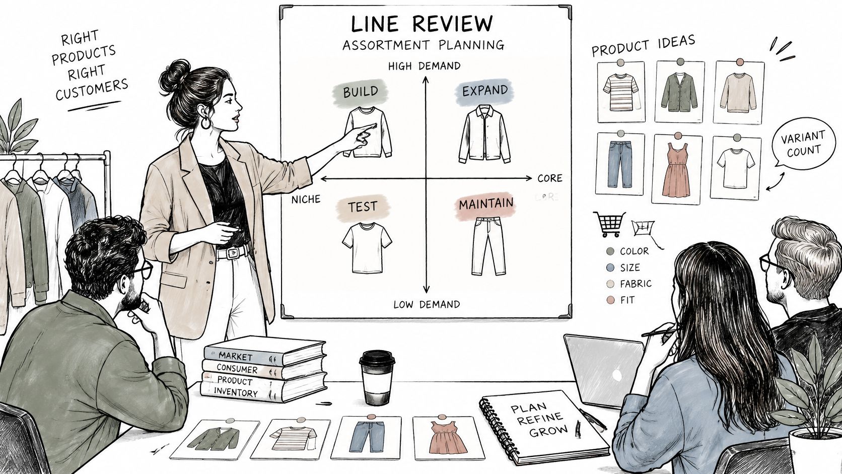 A business team in a meeting analyzing a four-quadrant chart for retail fashion assortment planning strategies.