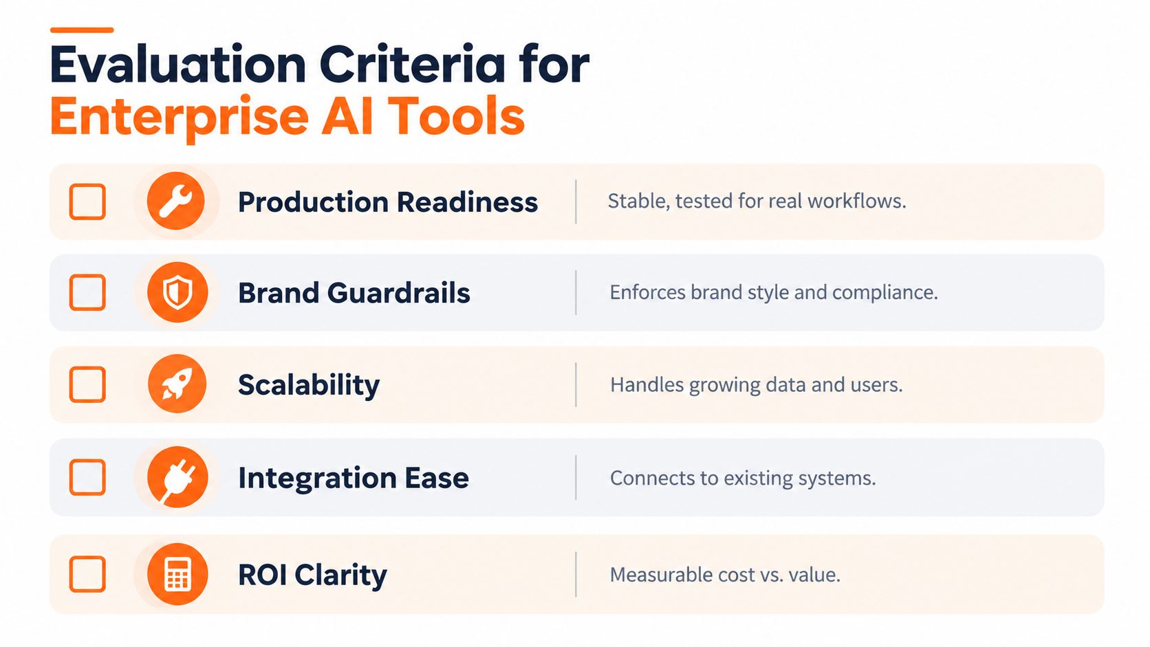 A checklist of five essential evaluation criteria for enterprise AI tools presented in a clean layout.