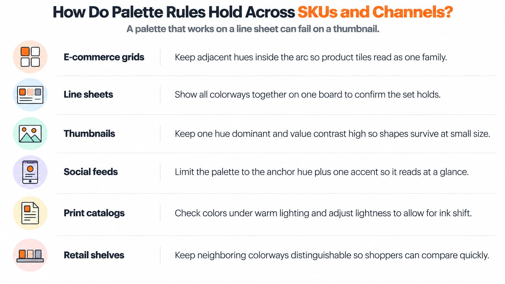 A chart detailing best practices for applying color palettes across various e-commerce and retail product channels.