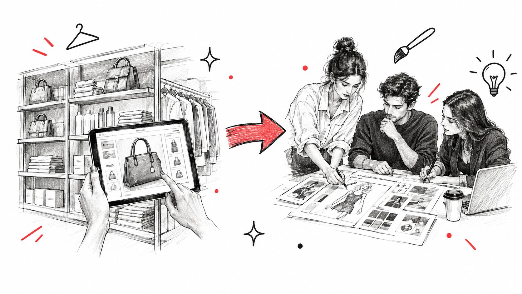 Designers collaborating on fashion sketches while using AI digital tools to manage retail clothing inventory and trends.