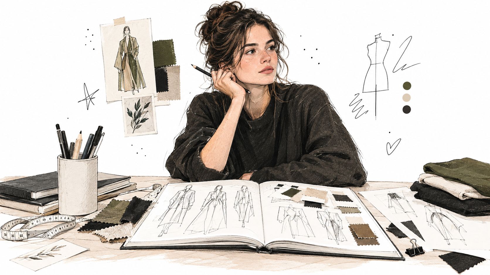 A fashion designer sitting at a desk surrounded by sketches, fabric swatches, and drawing tools.
