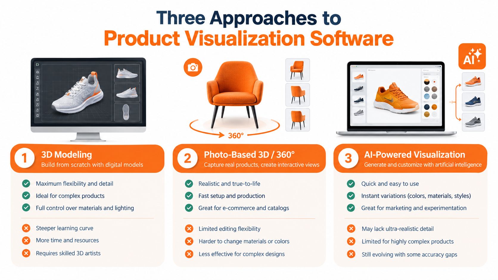 An infographic comparing three methods for creating product visualizations: 3D modeling, photo-based 3D, and AI-powered visualization.