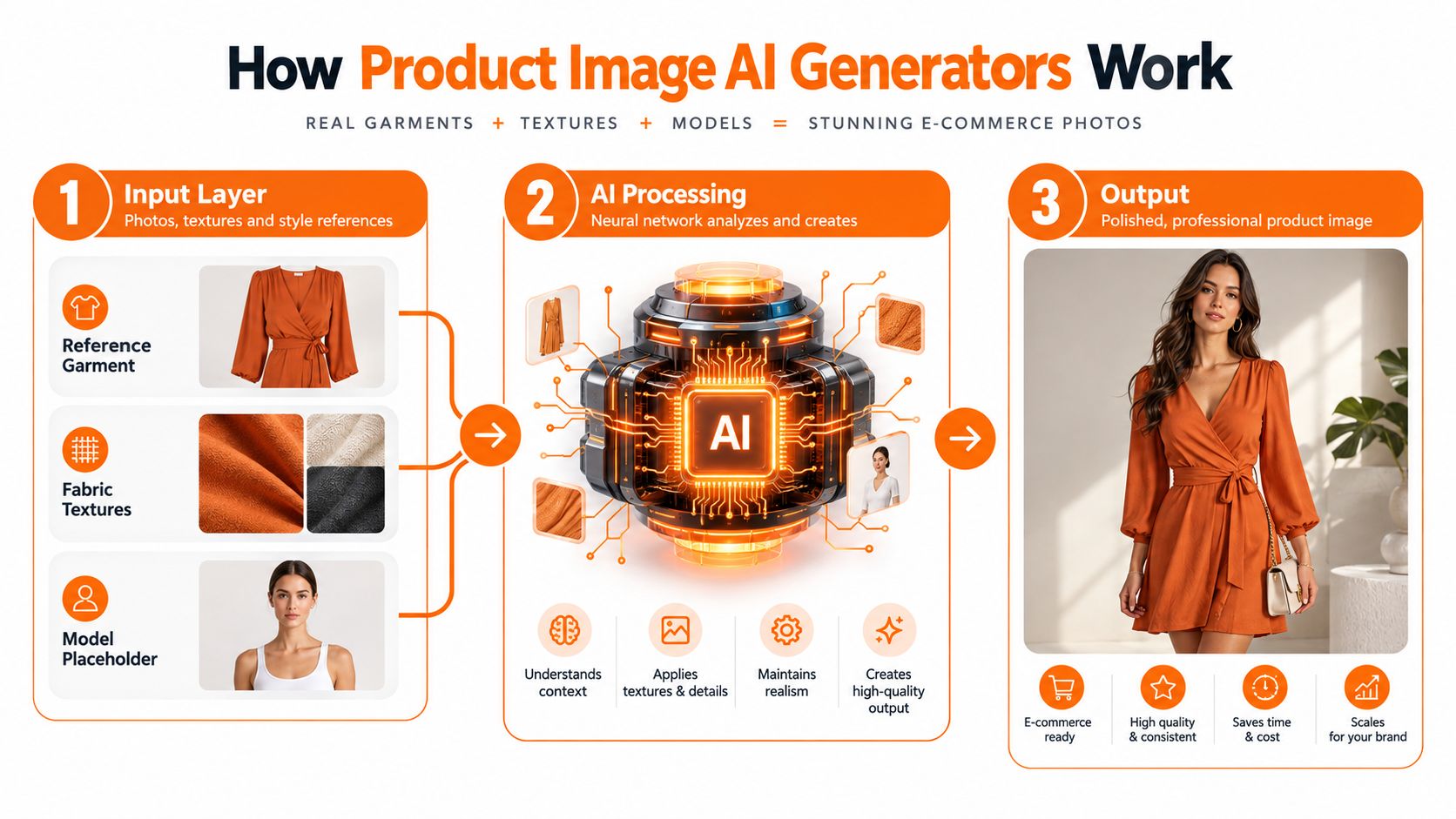 A diagram explaining how AI product image generators combine garments, textures, and models to create professional ecommerce photos.