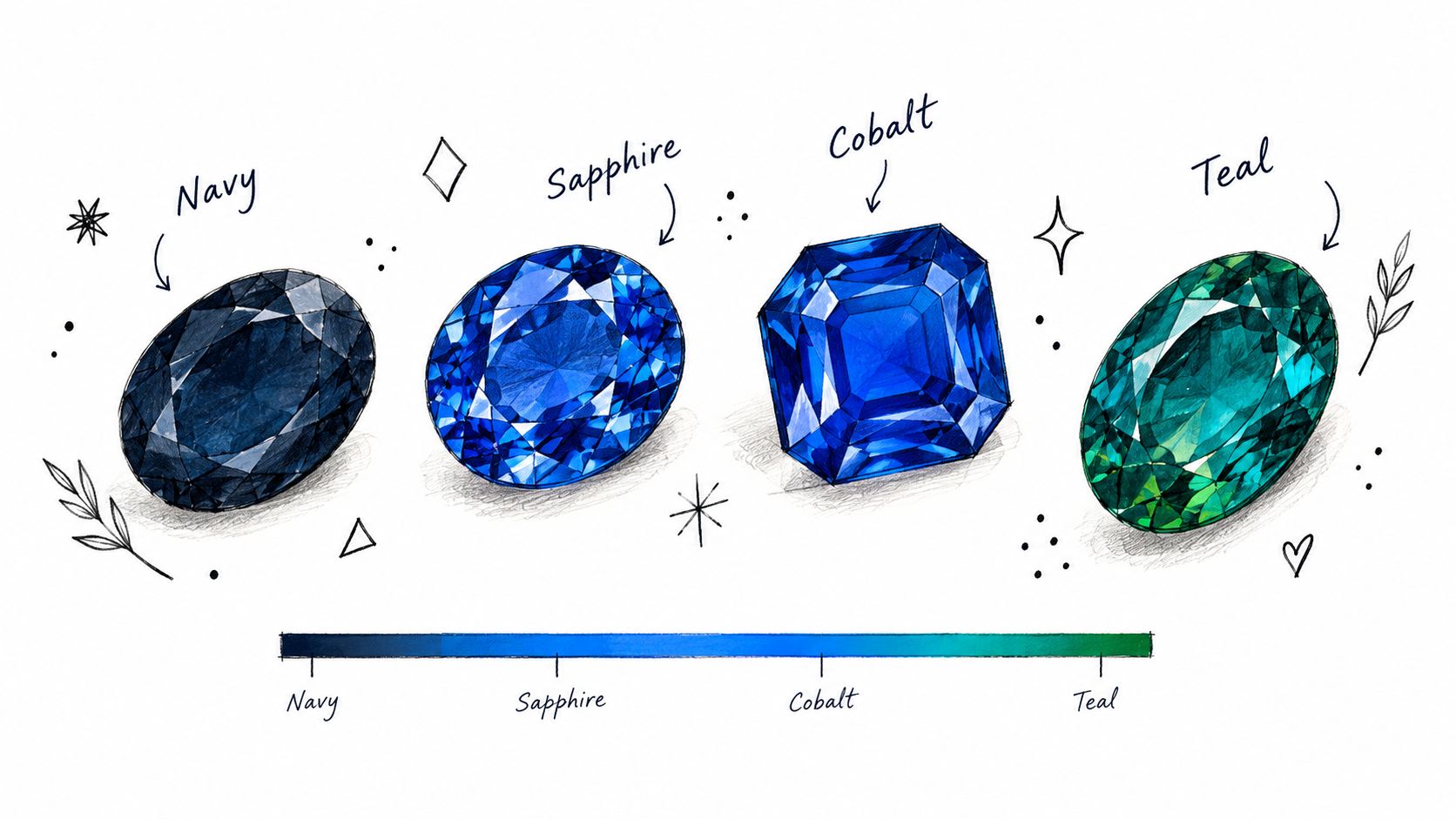 A color gradient chart featuring four gemstones labeled Navy, Sapphire, Cobalt, and Teal on a white background.