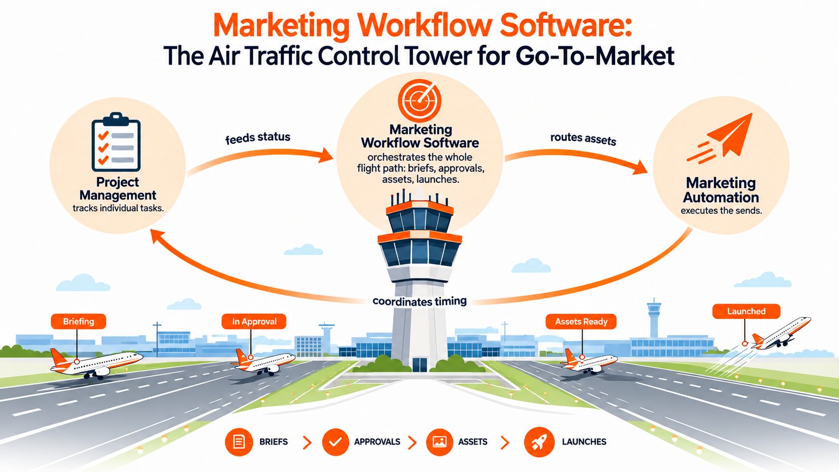 A diagram illustrating marketing workflow software acting as an air traffic control tower for business processes.