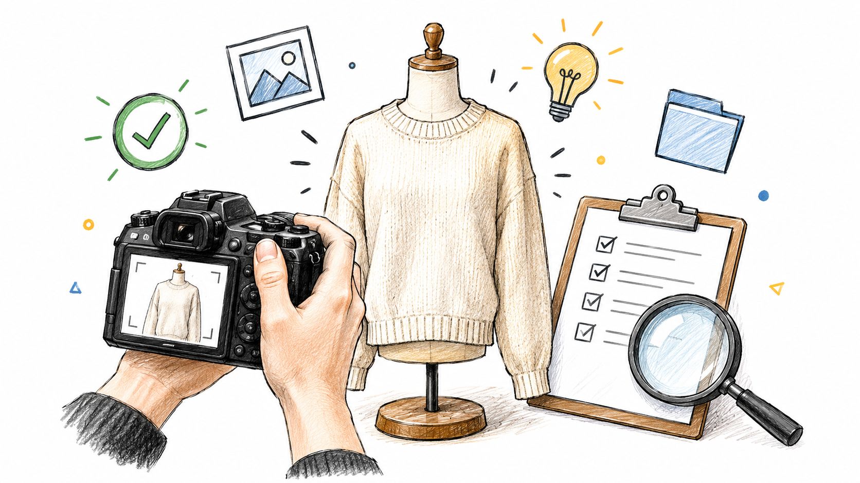 A hand holding a camera photographing a sweater on a mannequin near a checklist and magnifying glass.