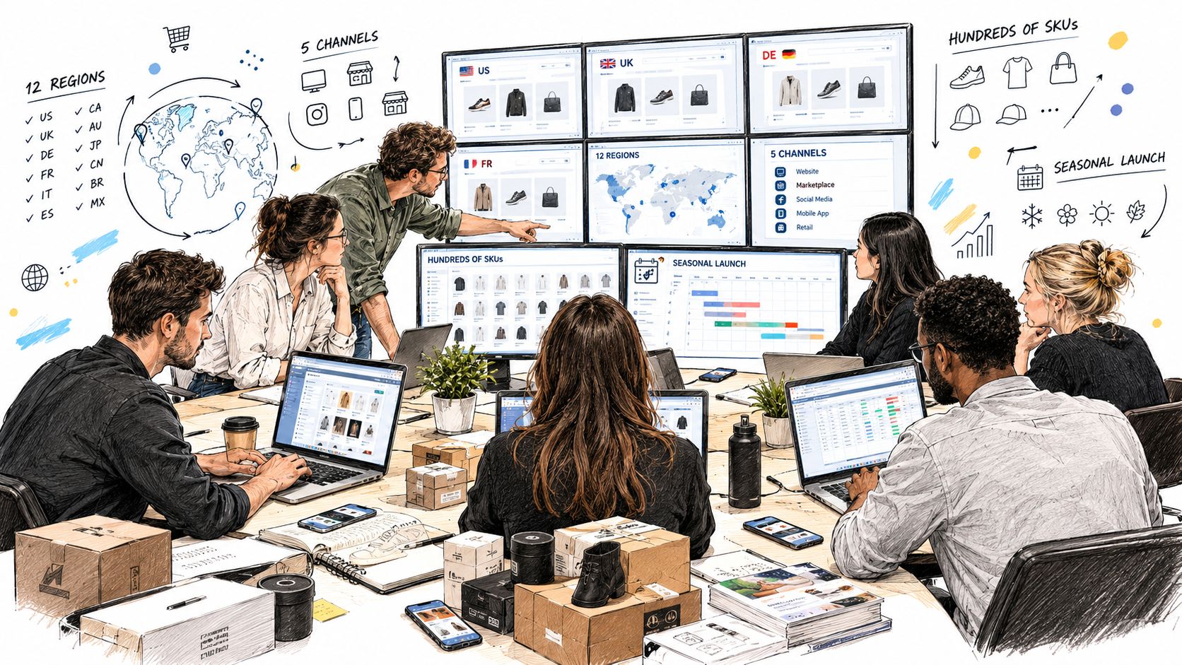 A professional team collaborating on ecommerce content production in a modern office with multiple screens and devices.