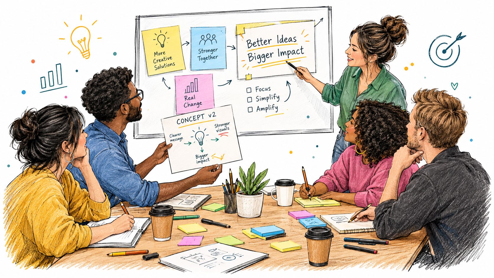 A diverse team collaborating in a creative office workshop, discussing product concept testing on a whiteboard.