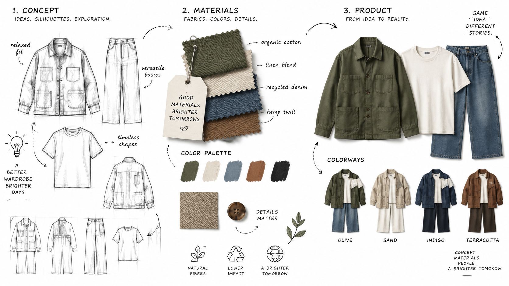A fashion design process infographic showing sketches, fabric swatches, color palettes, and final product outfits.