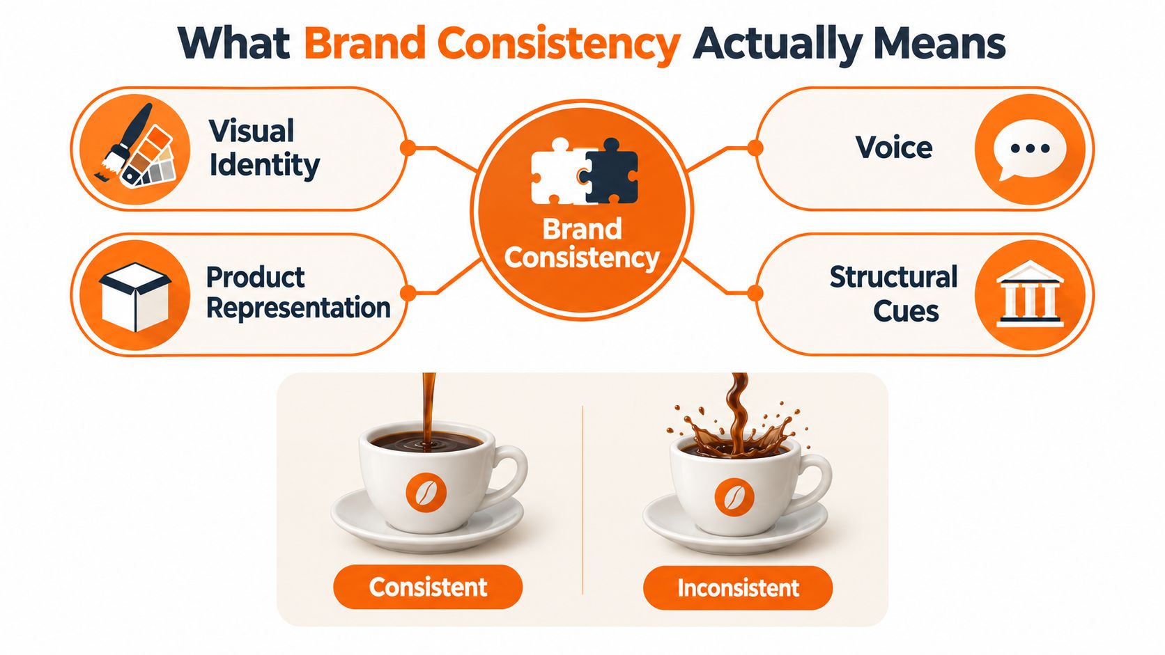 A diagram explaining brand consistency, showing four key elements connected to a central brand consistency puzzle piece icon.