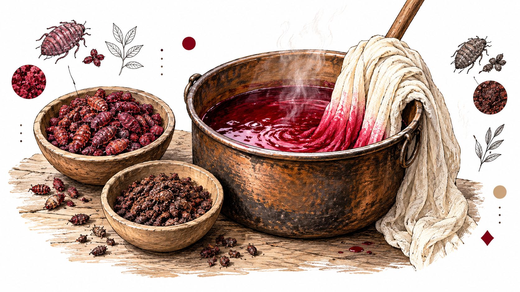A copper pot dyes cloth vibrant crimson using crushed cochineal insects, with wooden bowls of dye materials.