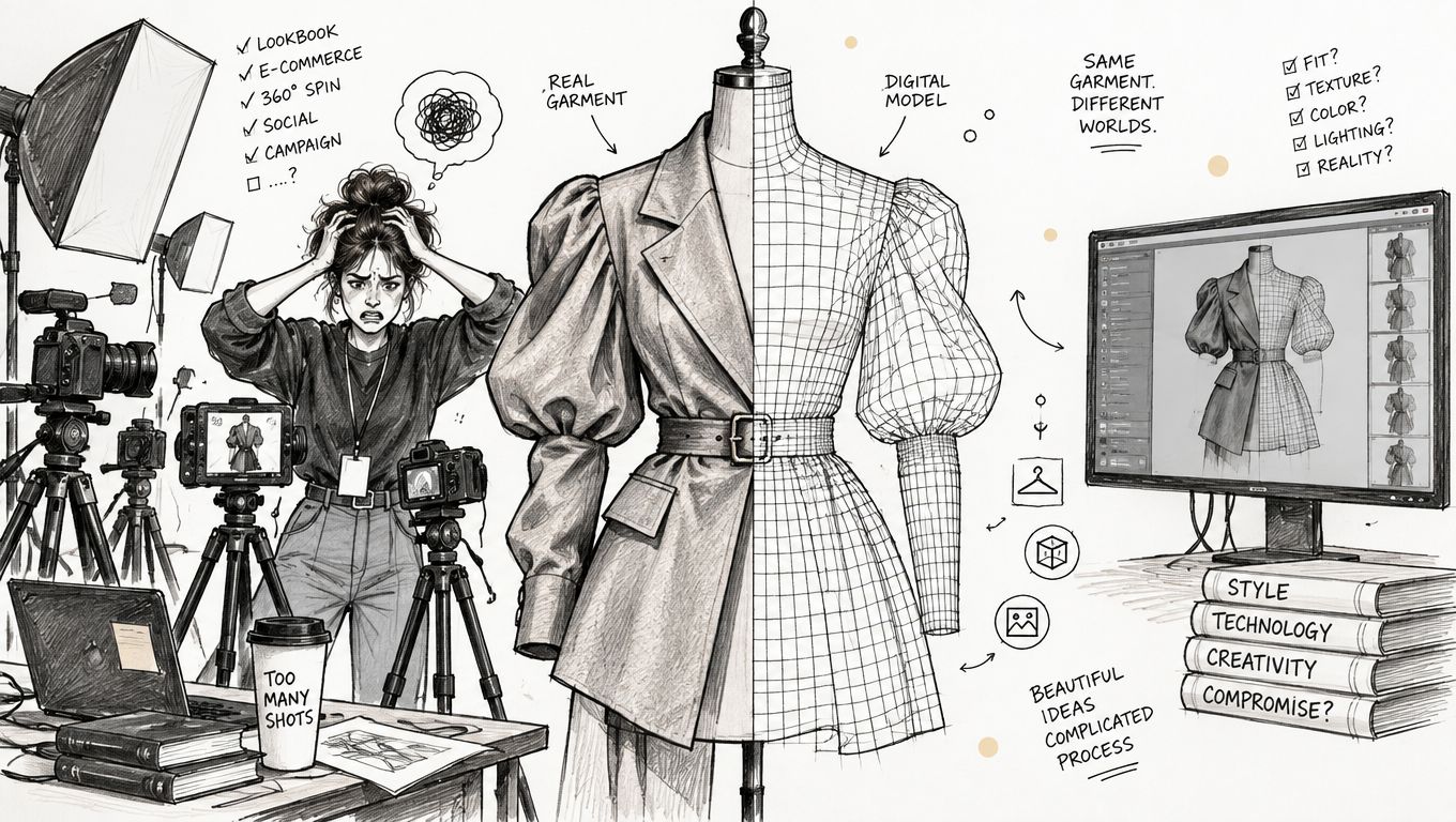 A split illustration comparing traditional photography workflows with digital 3D clothing design and product visualization software.