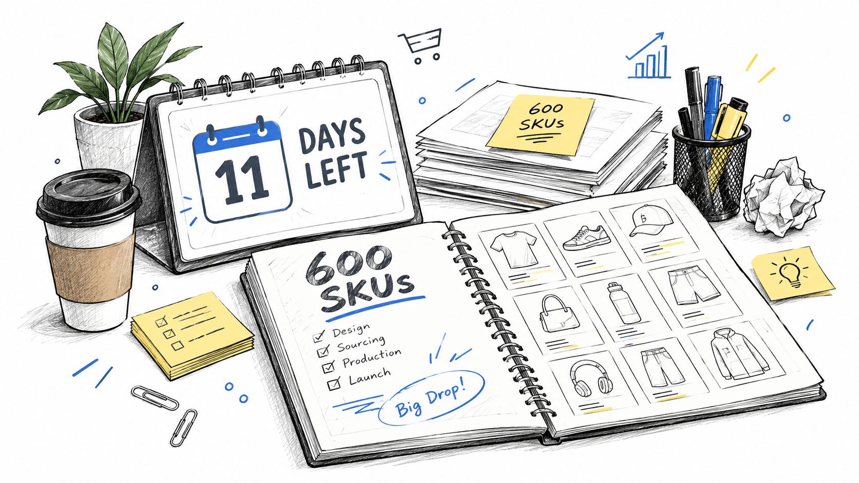 An illustrated workspace with a calendar showing 11 days left and a notebook listing 600 product SKUs.