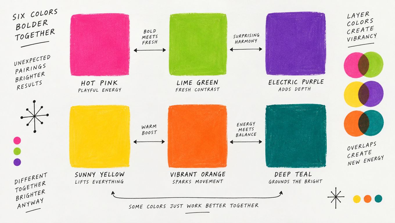 A colorful infographic presenting six bold paint colors and their harmonious pairings for vibrant design inspiration.