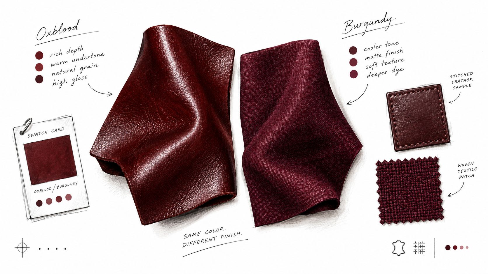 A comparison of oxblood and burgundy material swatches showing texture and finish differences on a white background.