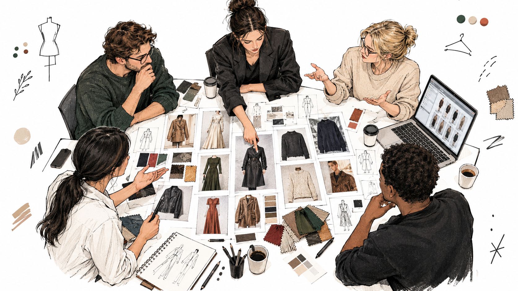 A professional creative team collaborating at a table covered in fashion design sketches and fabric samples.
