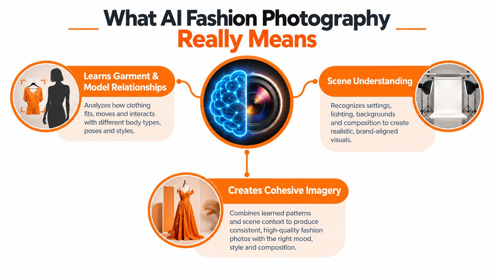 An infographic titled What AI Fashion Photography Really Means explaining how AI analyzes garments, scenes, and creates cohesive imagery.