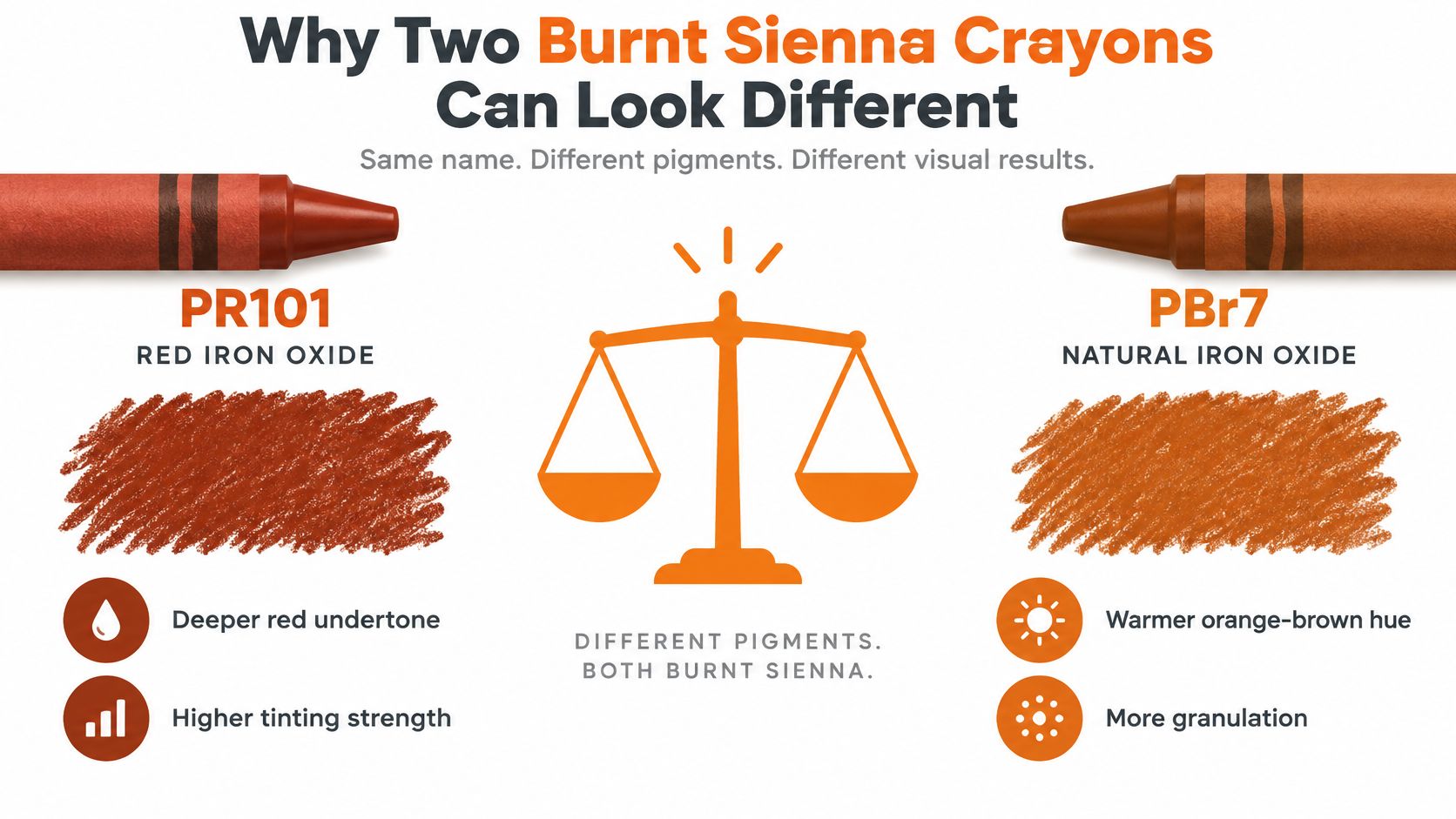 An infographic comparing the visual differences between two types of Burnt Sienna crayons using different pigment formulas.