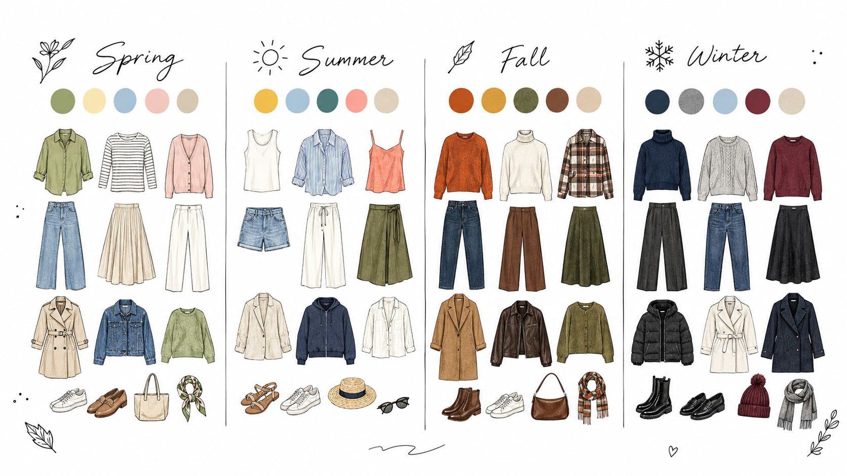 An illustration showing seasonal capsule wardrobe collections for spring, summer, fall, and winter with assorted clothing items.