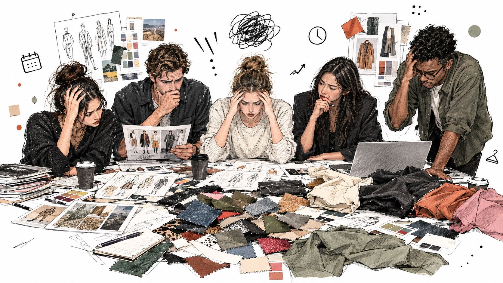 A diverse group of fashion designers collaborating intensely while reviewing clothing sketches and fabric swatches at a table.