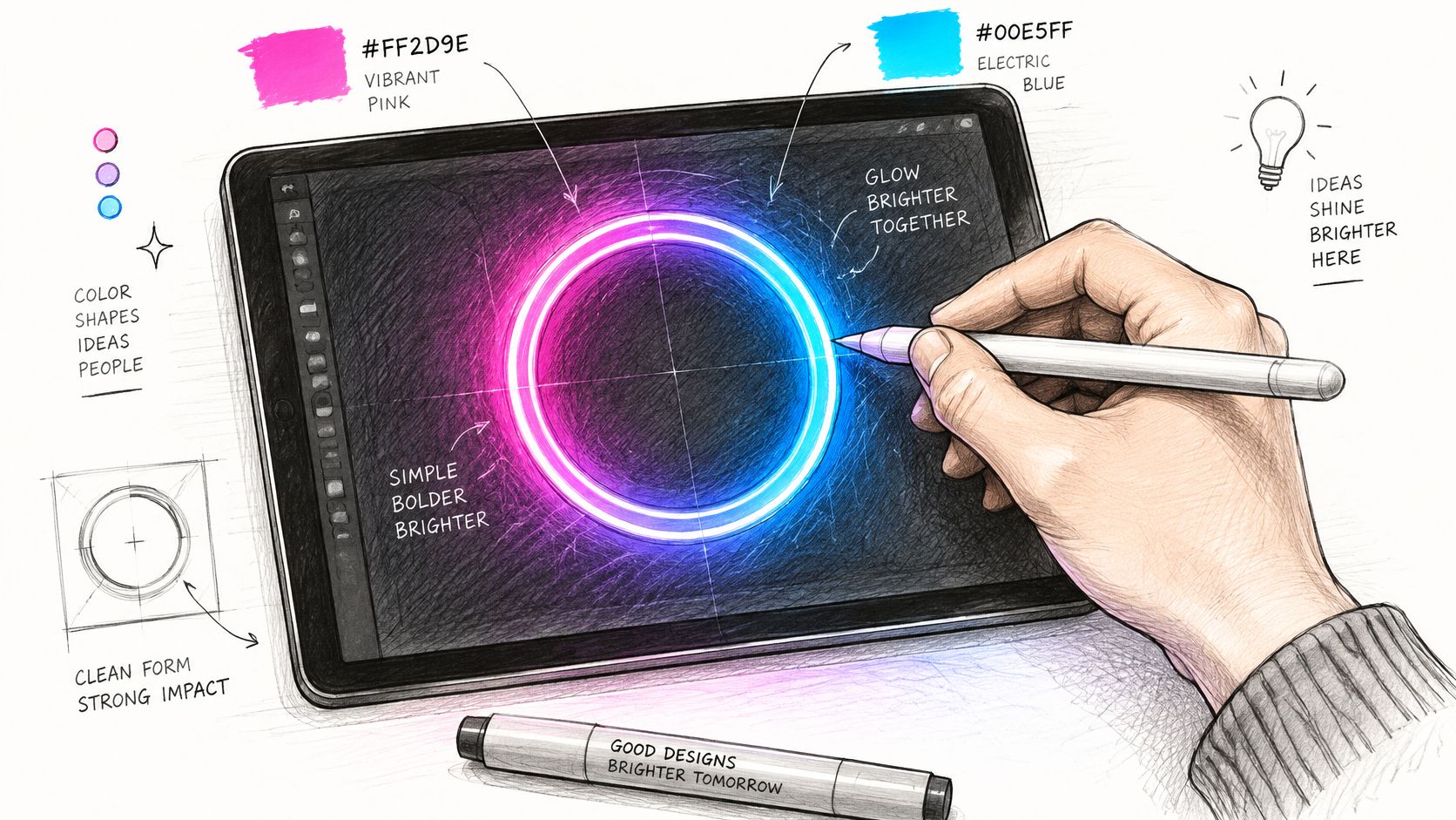A digital artist uses a stylus on a tablet to sketch a glowing neon pink and blue circle.