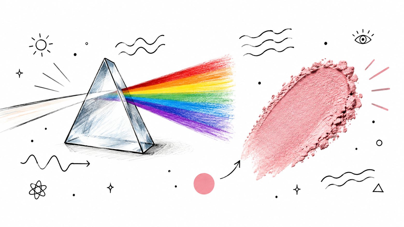 A conceptual sketch showing a light prism dispersing a rainbow spectrum leading toward pink cosmetic powder.