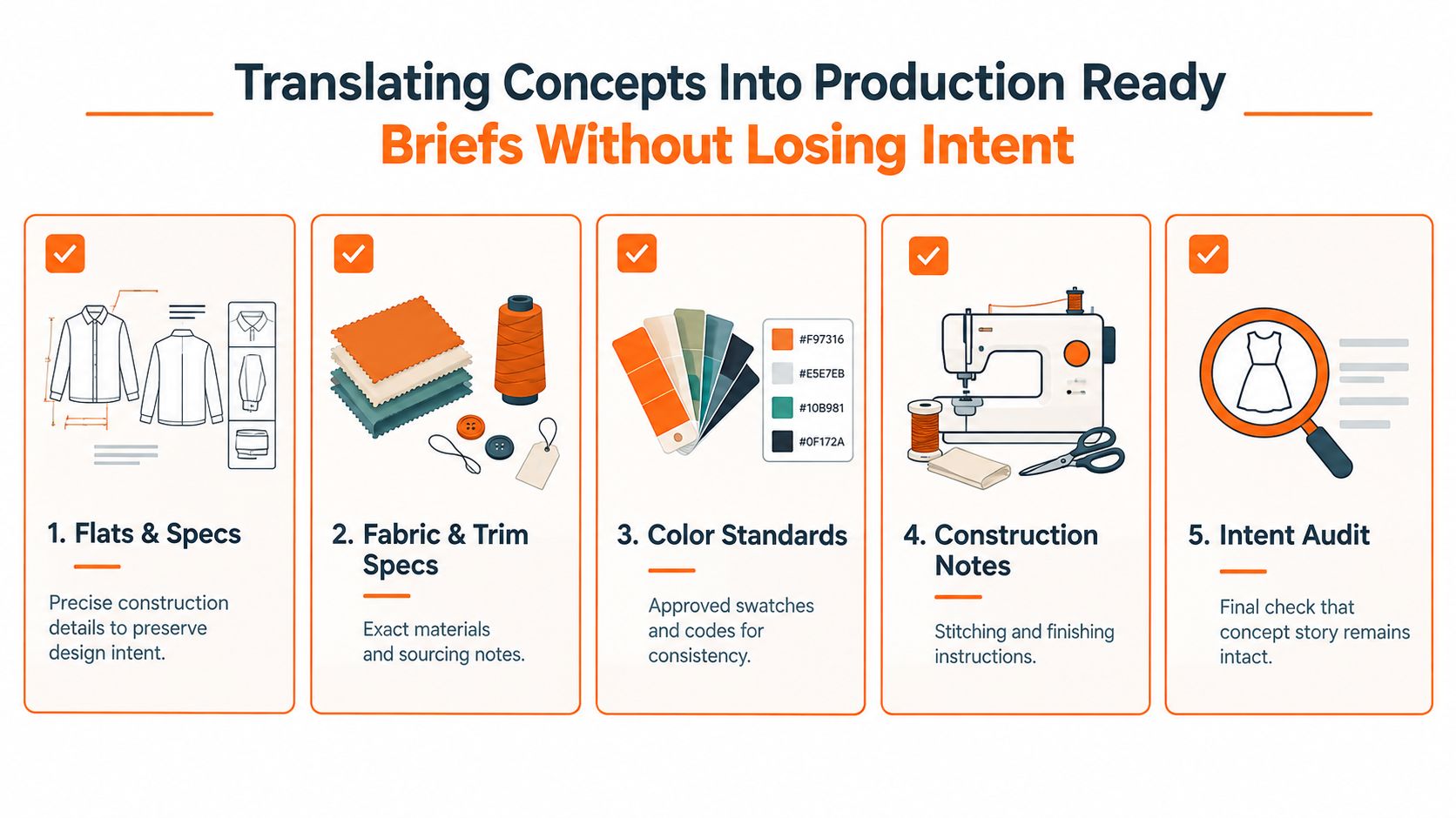 An infographic illustrating five essential steps for translating design concepts into production-ready fashion manufacturing briefs.