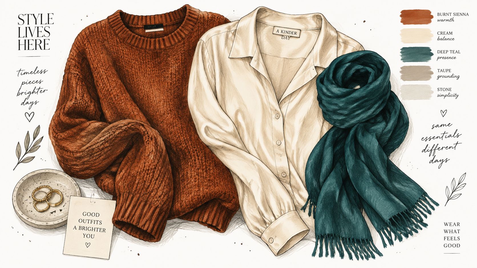 A curated flatlay of a burnt sienna sweater, cream shirt, and deep teal scarf on a white background.