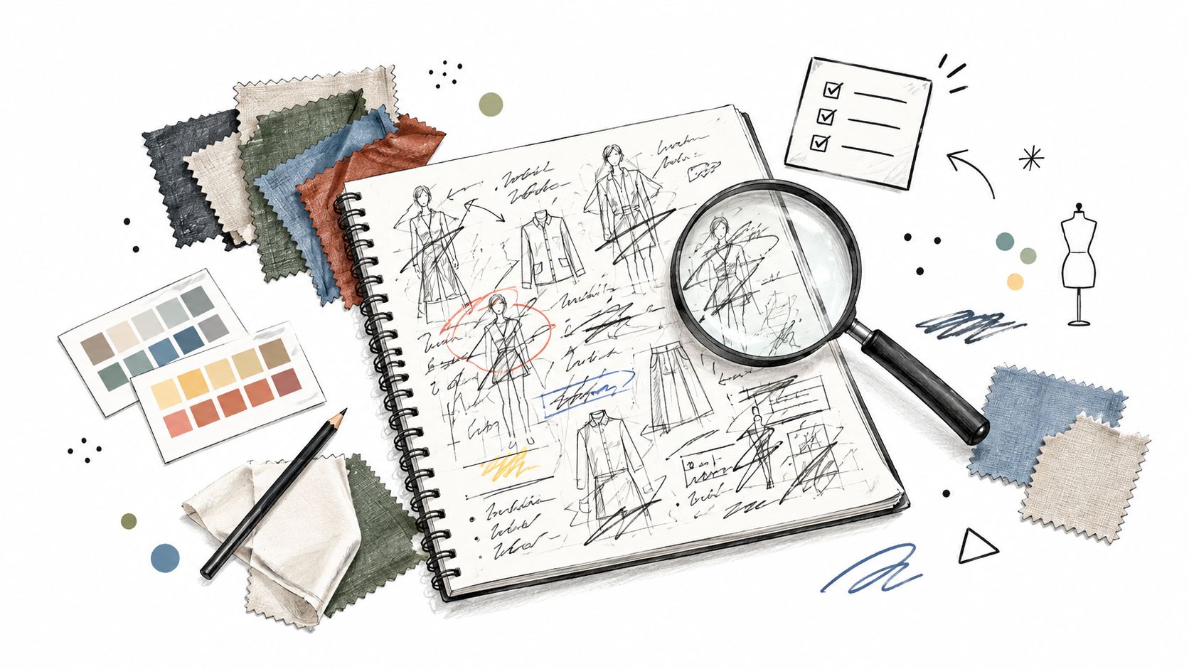A design sketchpad open on a desk with swatches, pencils, and a magnifying glass for planning.