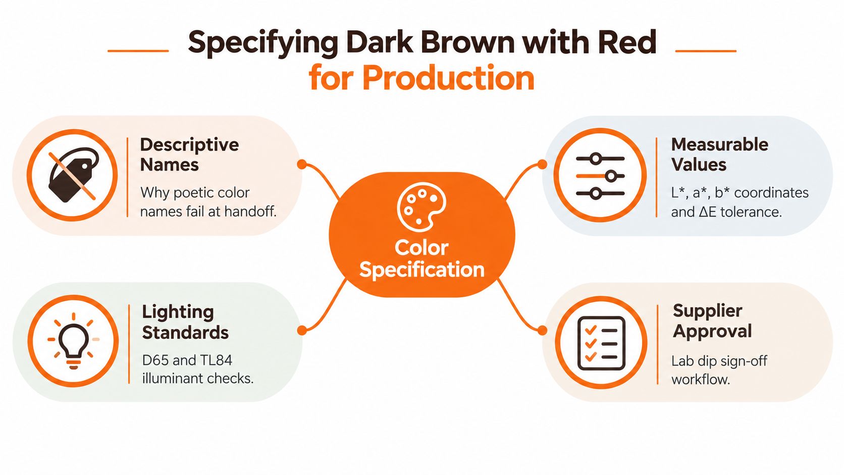 A diagram outlining the four essential steps for specifying dark brown with red colors for industrial production.