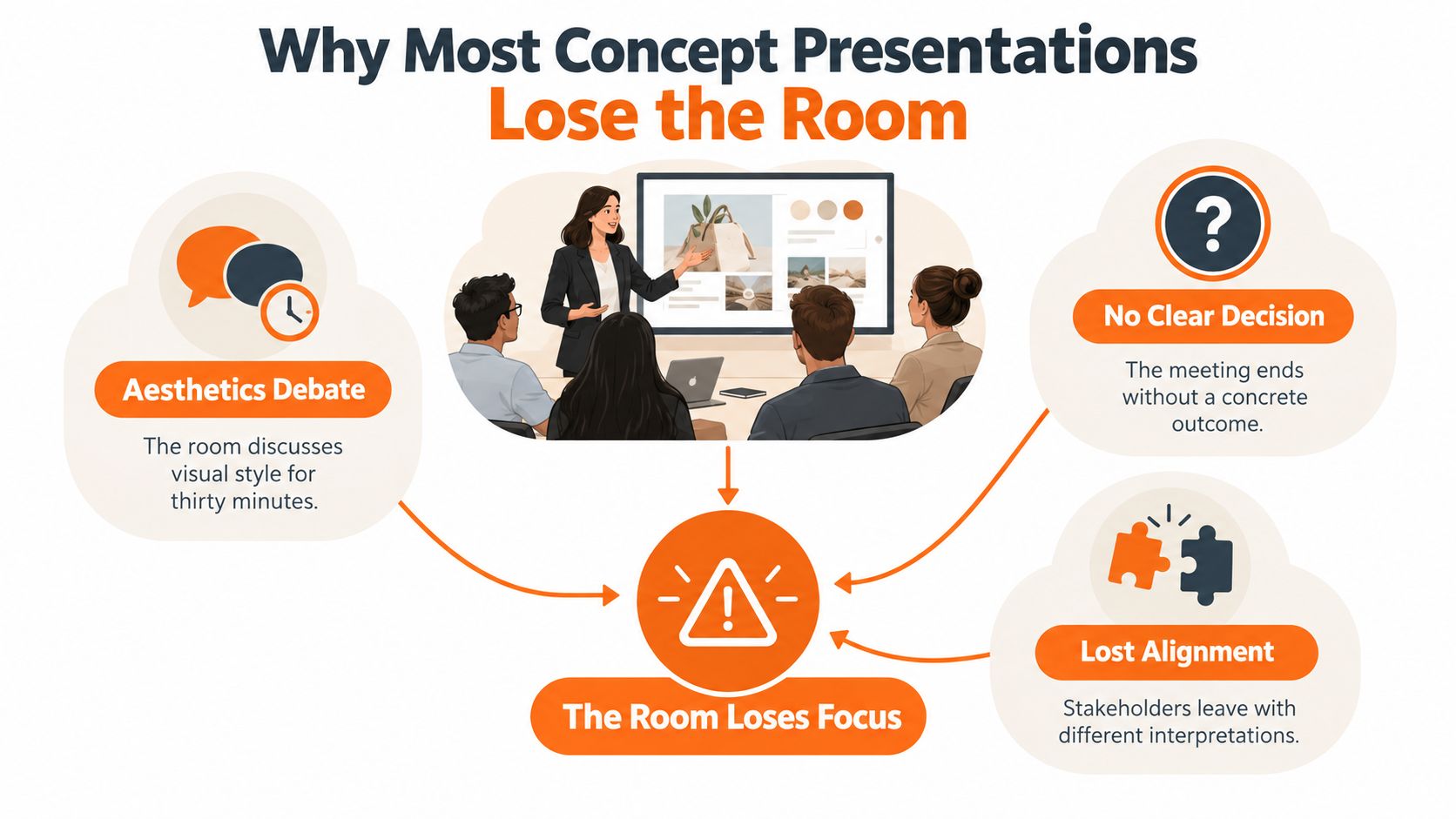 A diagram illustrating why most concept presentations lose the room, featuring three common pitfalls in business meetings.