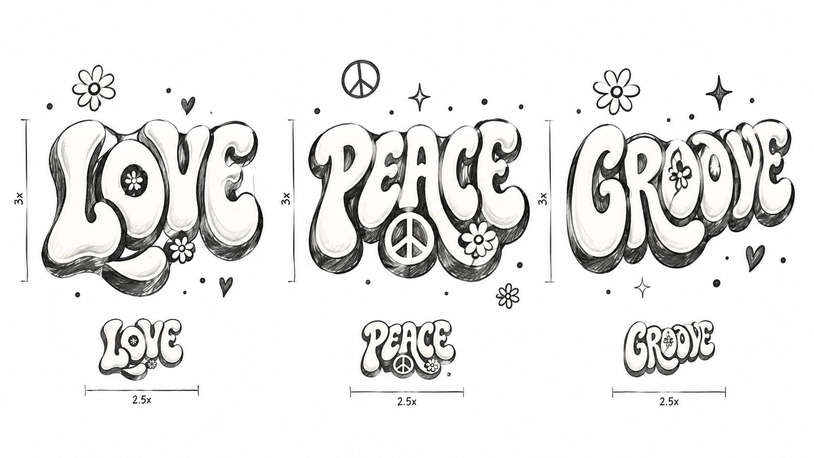 Three stylized bubble letter designs reading Love, Peace, and Groove in a retro sixties artistic style.