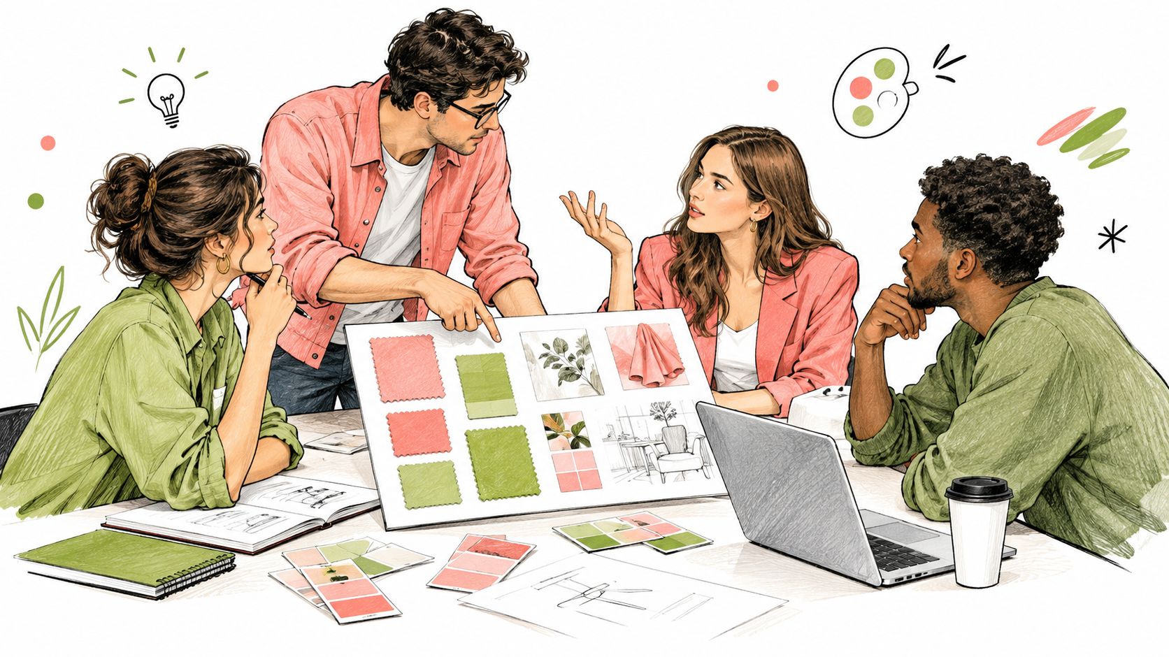 A diverse group of creative professionals collaborating on an interior design project with color swatches and sketches.