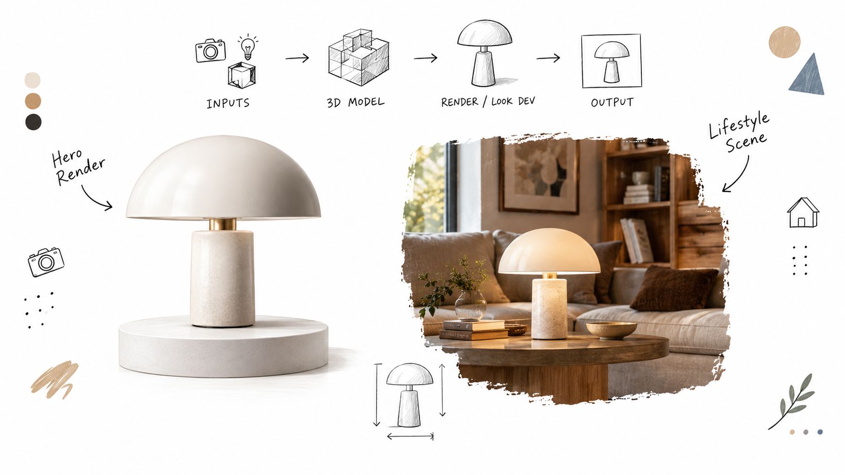 A digital presentation showing the product development process of a modern minimalist table lamp for marketing.