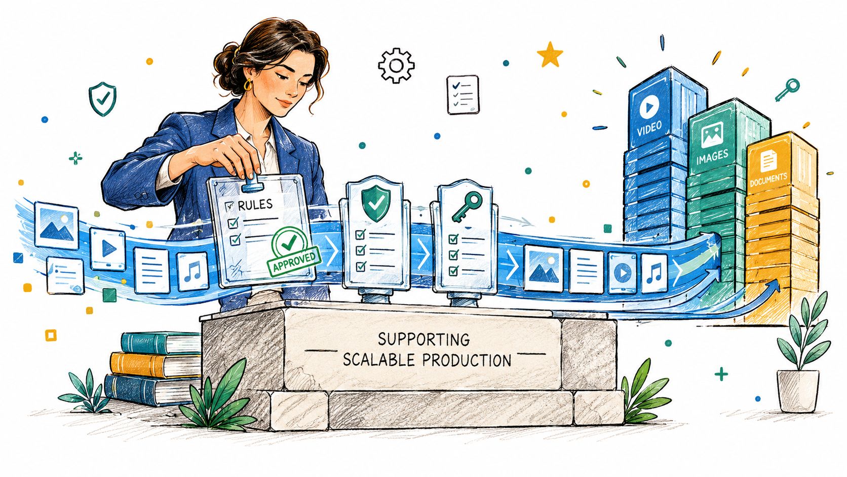 A professional woman stamping approval on a digital workflow chart representing a scalable content production platform.