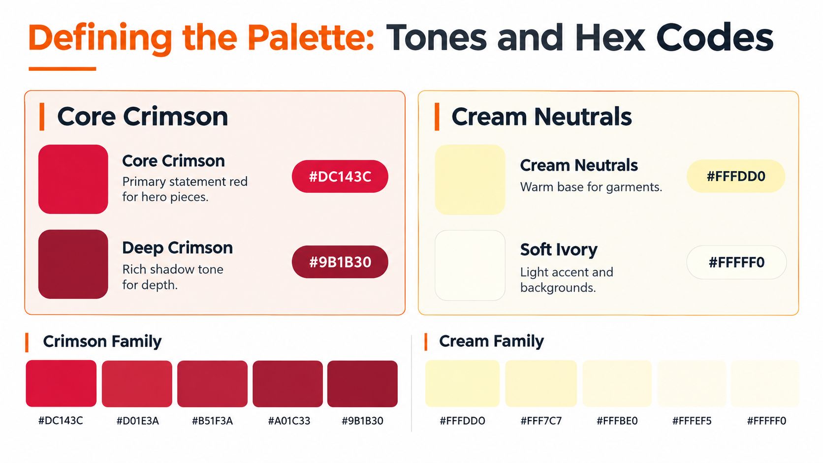 A color palette chart showing shades of crimson and cream with their respective hex codes displayed clearly.