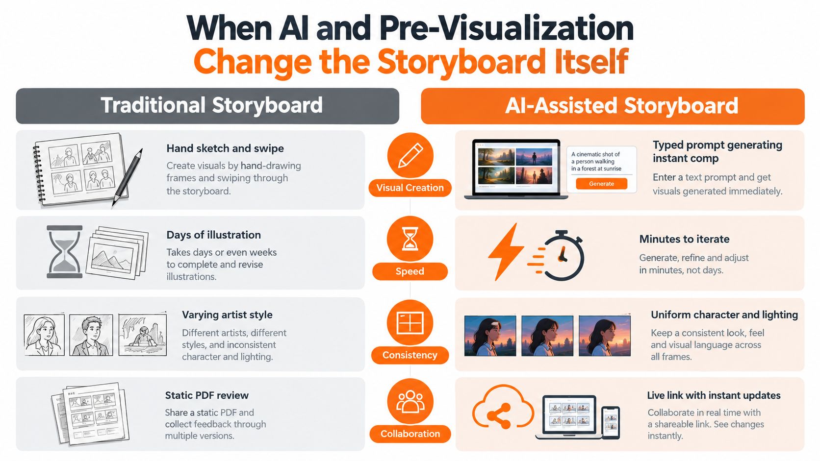 A comparison chart showing the differences between traditional hand-drawn storyboarding and modern AI-assisted storyboard workflows.
