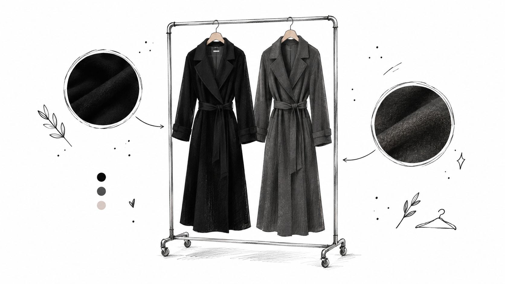 A fashion illustration of two long trench coats on a rack with fabric close-up circles.