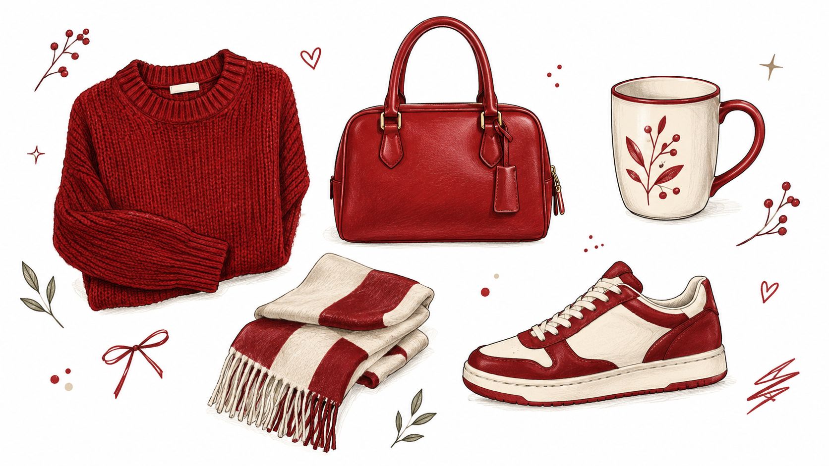 An illustration featuring a red sweater, handbag, scarf, sneakers, and mug with festive botanical accents.