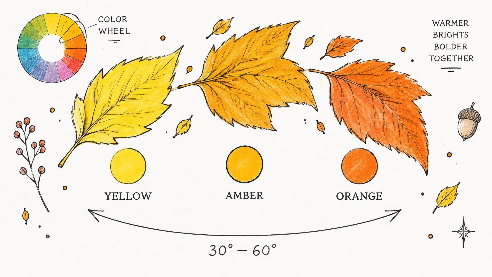 A hand-drawn illustration depicting an analogous color scheme featuring yellow, amber, and orange autumn leaves.