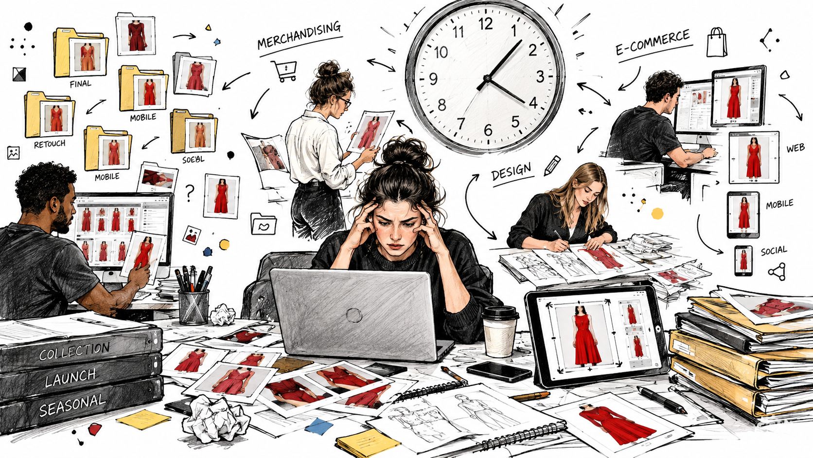 A digital illustration showing a busy team managing clothing content production for e-commerce with various digital assets.