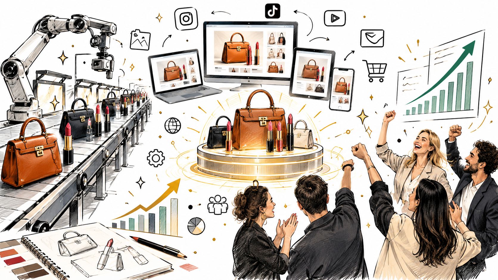 A digital illustration showing the lifecycle of luxury fashion products from manufacturing to sales and marketing.