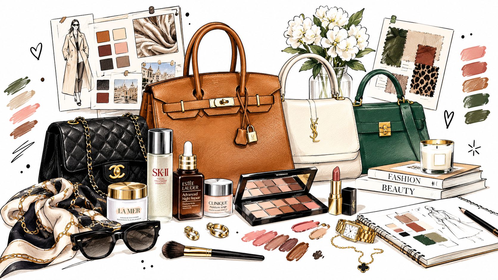 A luxurious flatlay illustration featuring designer handbags, high-end skincare products, makeup, fashion sketches, and gold accessories.