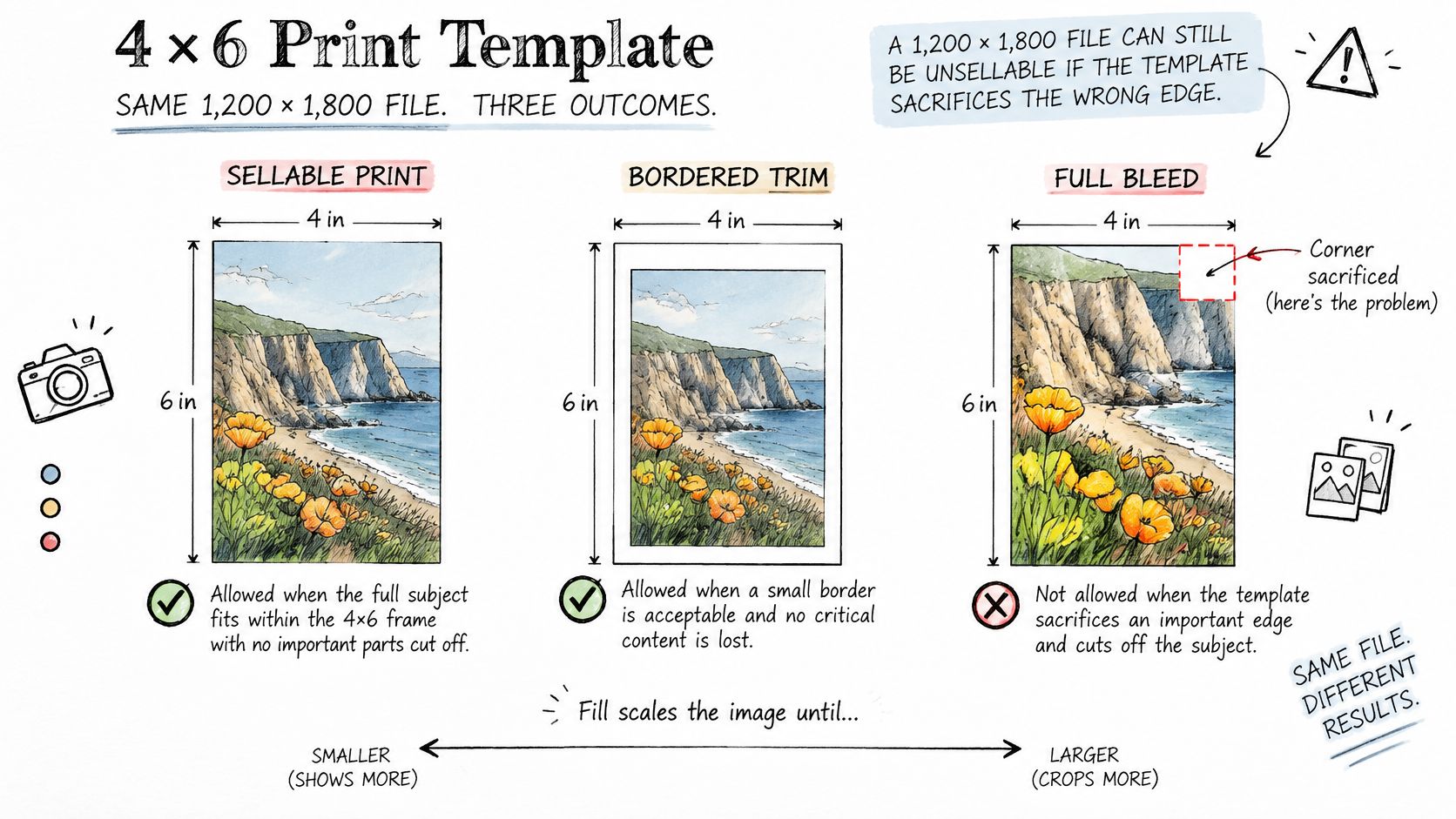 A diagram explaining three print outcomes for a 4x6 photo template using the same image file.