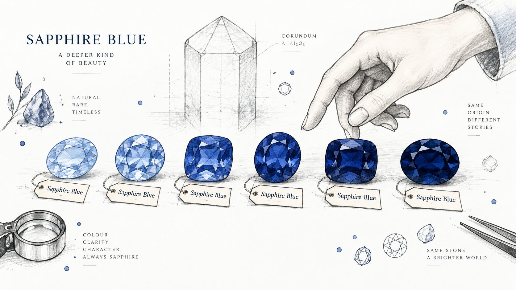 A detailed illustration showing various blue sapphire gemstone cuts, a raw crystal structure, and a jeweler's hand.